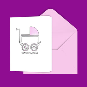Congratulations Baby Carriage (Pink) Greeting Card